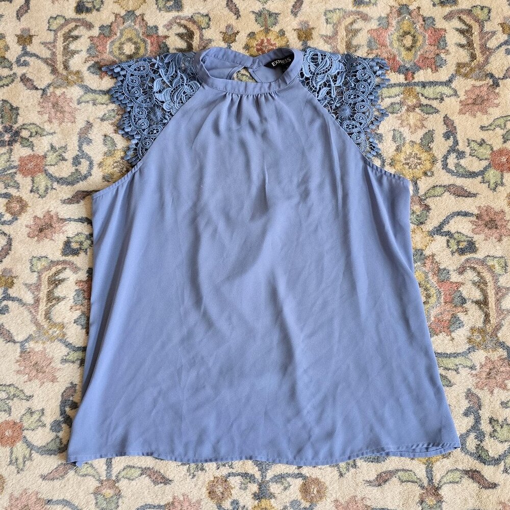 Express Periwinkle Open Back Lace Shoulder Blouse Women's L